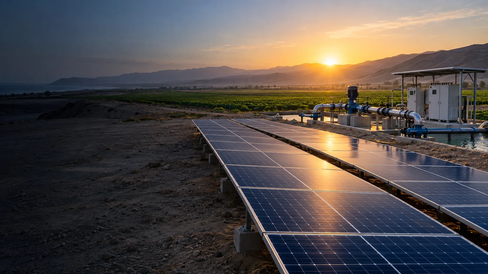 Imagen ilustrativa de paneles solares y sistema de bombeo agrícola